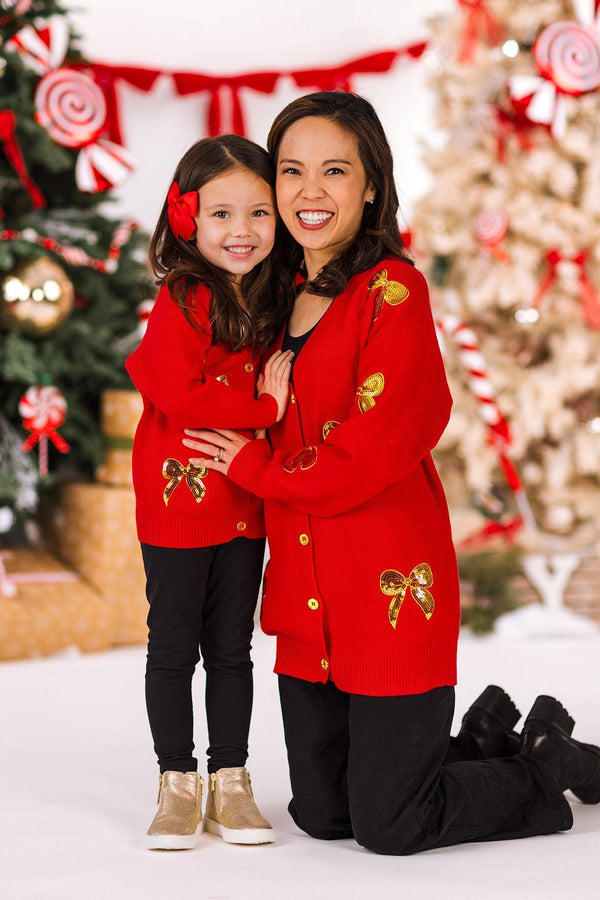 Mom & Me - Red & Gold Bow Sweater Cardigan