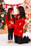 Mom & Me - Red & Gold Bow Sweater Cardigan