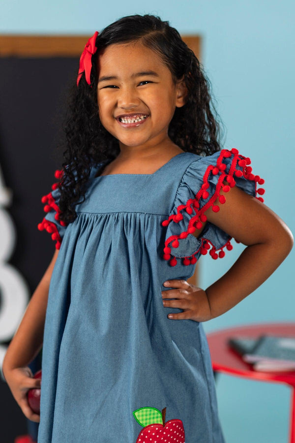 Apple Pom Pom Chambray Dress | Sparkle in Pink