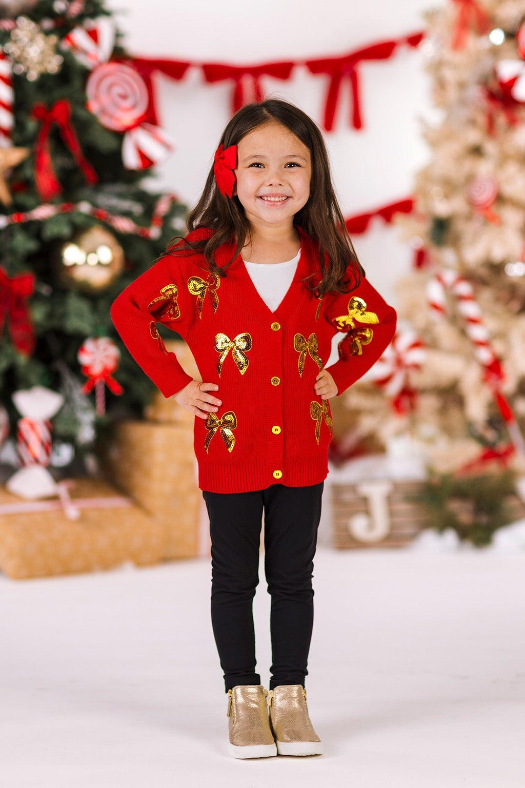 Mom & Me - Red & Gold Bow Sweater Cardigan