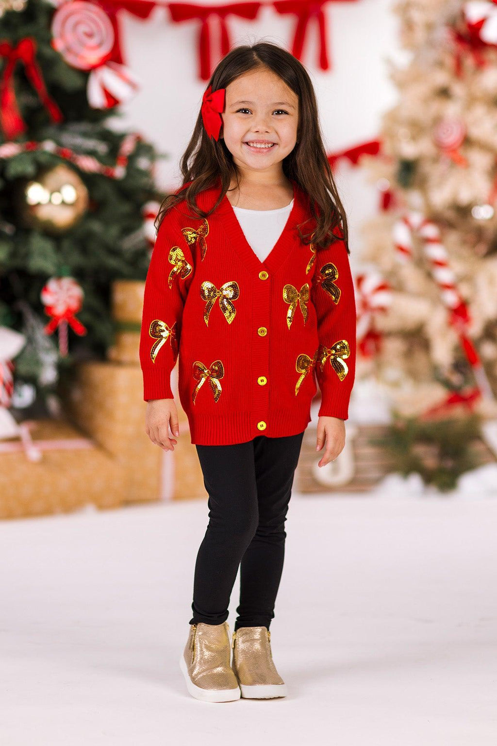 Mom & Me - Red & Gold Bow Sweater Cardigan