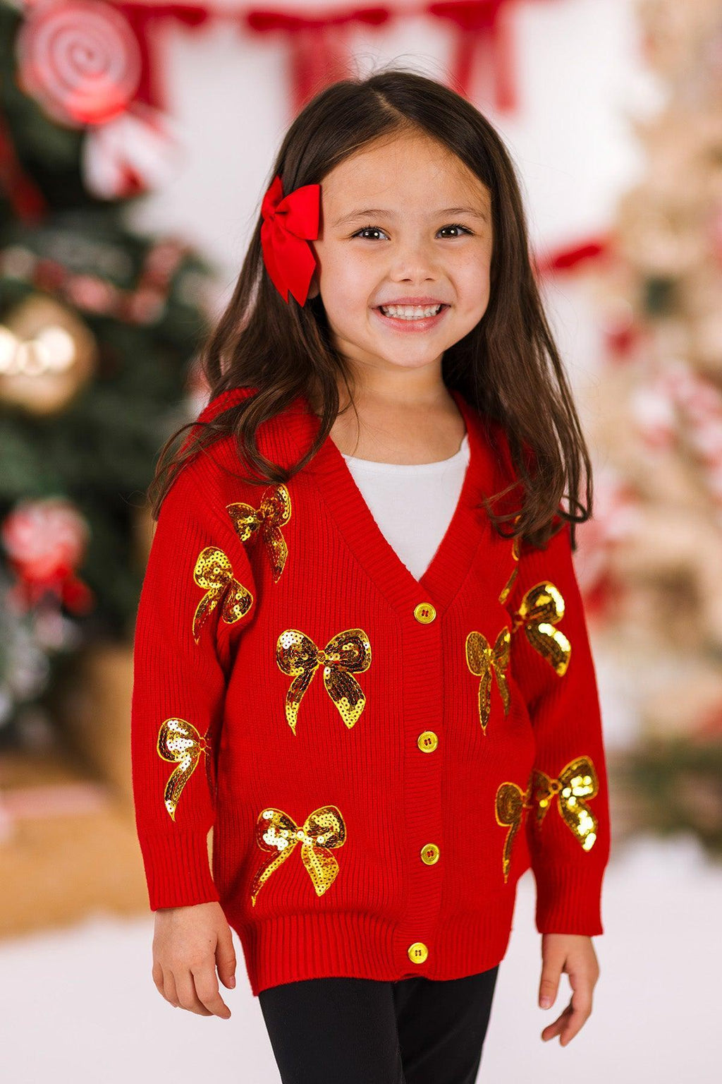 Mom & Me - Red & Gold Bow Sweater Cardigan