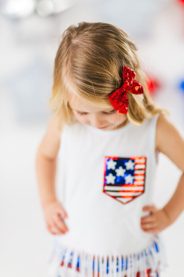 White Sequin American Flag Fringe Short Set | Sparkle in Pink