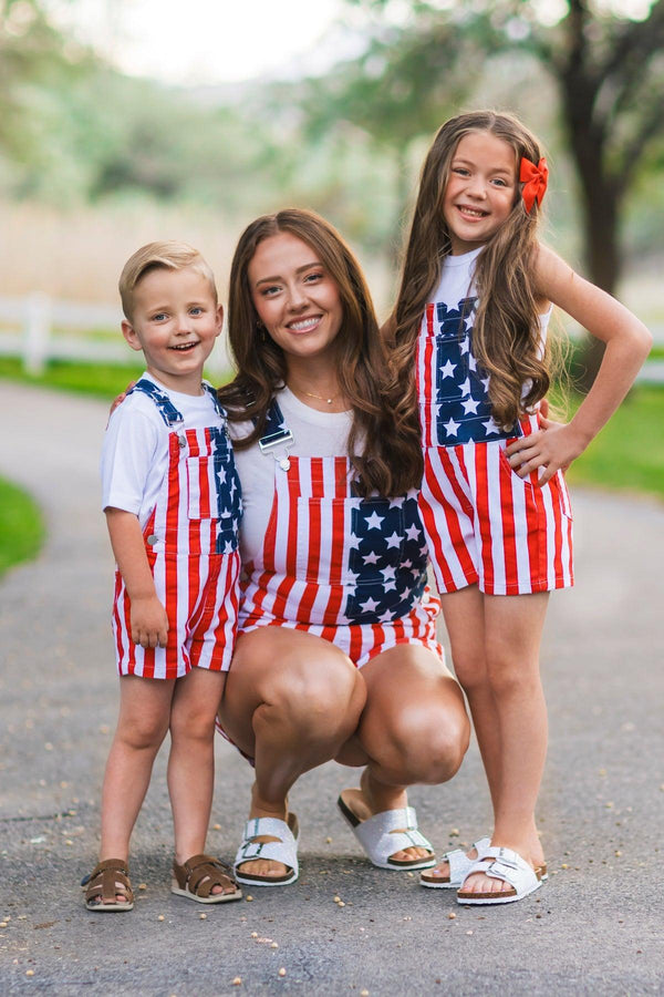 Mom & Kid - American Flag Denim Overalls | Sparkle in Pink