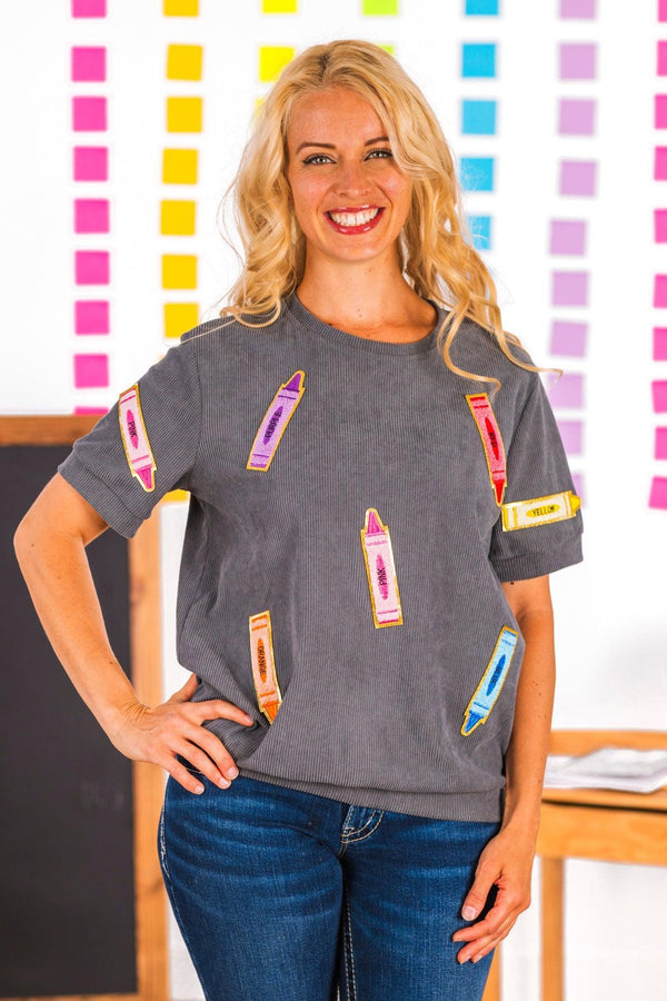 Mom & Me - Gray Corduroy Crayon Top | Sparkle in Pink