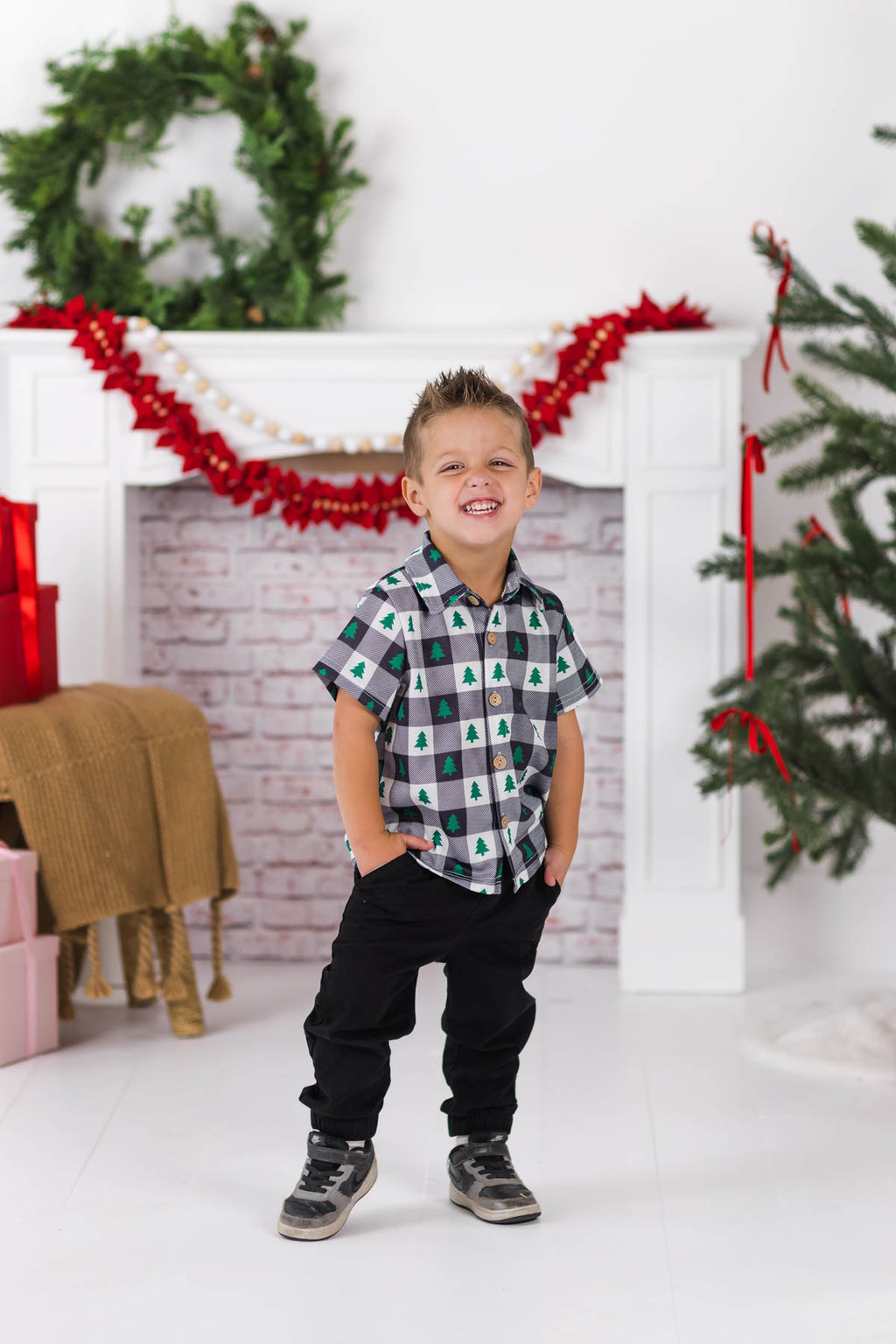 Checkered Christmas Tree Button Down Top
