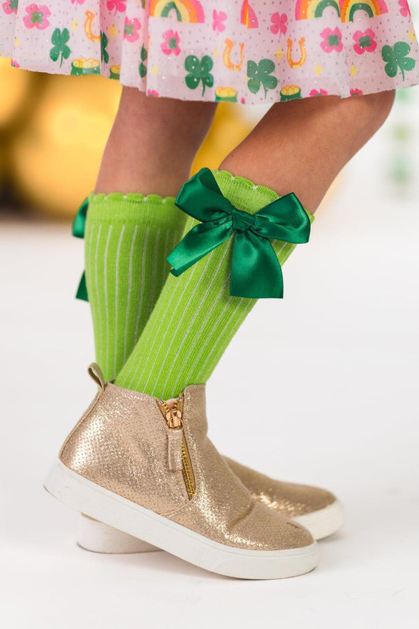 Green Knee High Silk Bow Socks | Sparkle in Pink