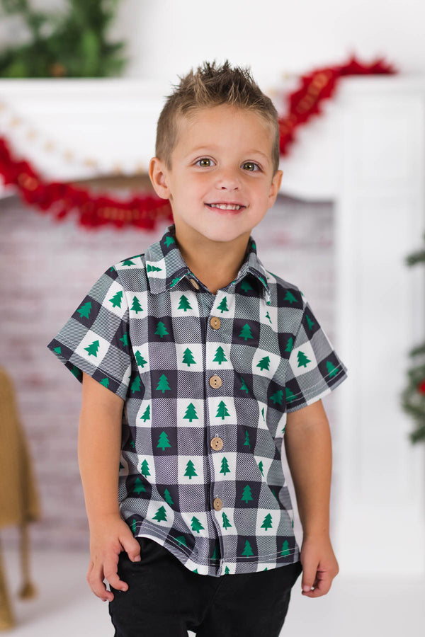 Checkered Christmas Tree Button Down Top