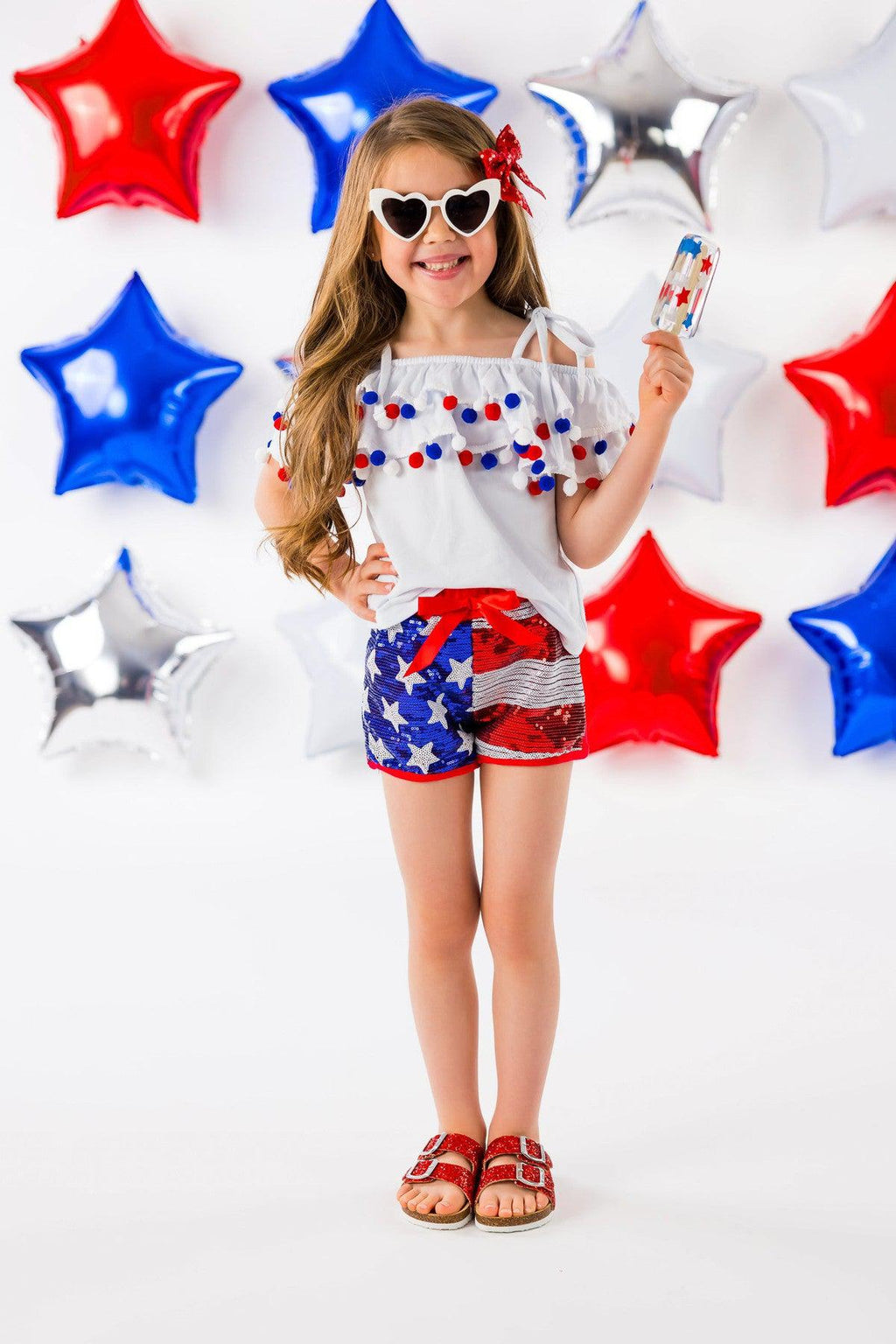White Pom Pom Sequin Flag Short Set - Sparkle in Pink