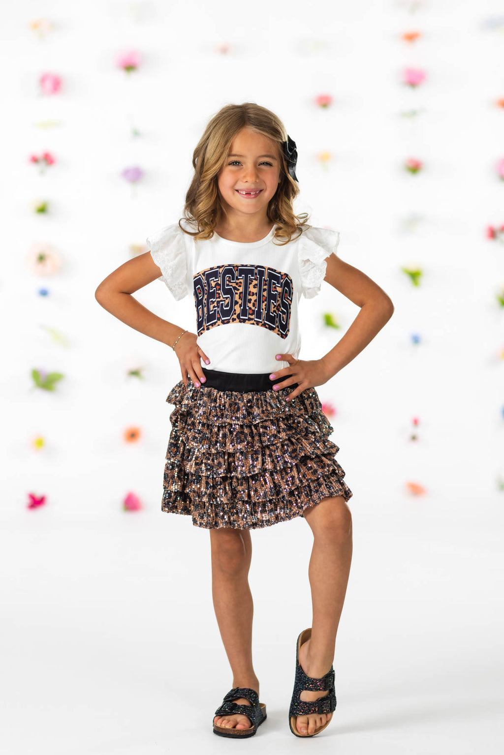 "Besties" Cheetah Sequin Skirt Set | Sparkle in Pink