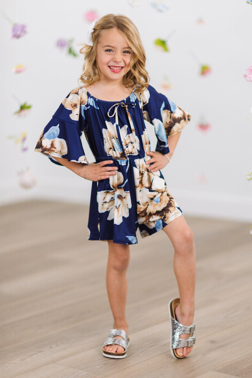 Navy Floral Bell Sleeve Romper | Sparkle in Pink