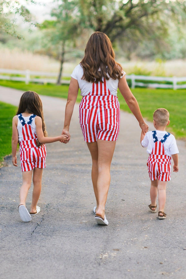 Mom & Kid - American Flag Denim Overalls | Sparkle in Pink