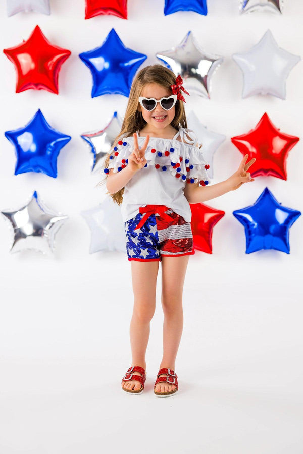 White Pom Pom Sequin Flag Short Set - Sparkle in Pink