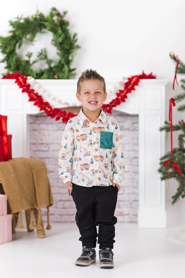 Christmas Bulldozer Button Down Top