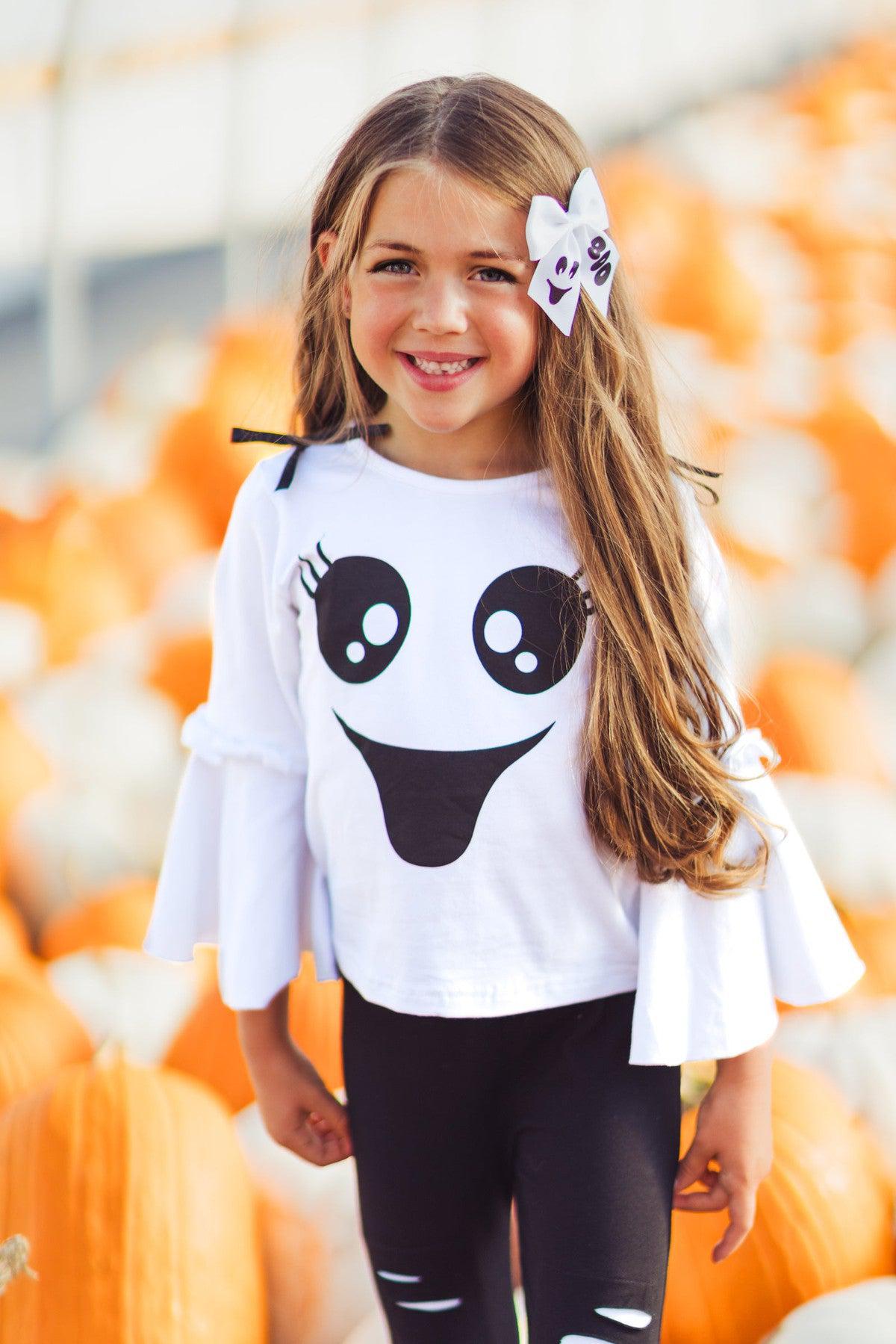 Black & White Ghost Distressed Legging Set - 3XS-6-12 Months - White long-sleeve top with black smiling ghost face and ruffled sleeves paired with black leggings.