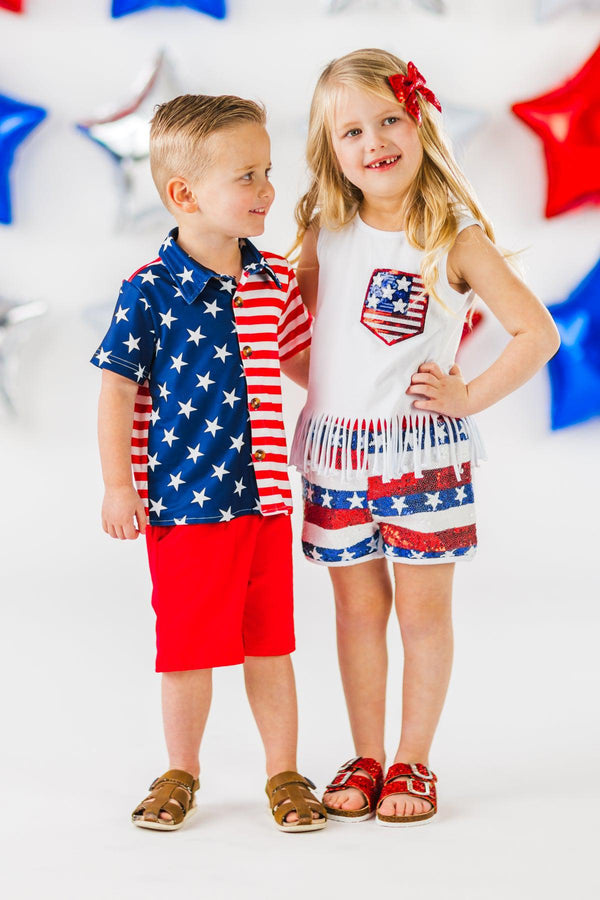 White Sequin American Flag Fringe Short Set | Sparkle in Pink