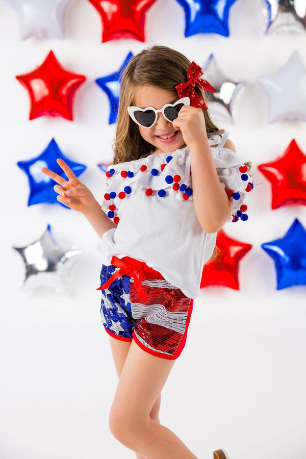 White Pom Pom Sequin Flag Short Set - Sparkle in Pink