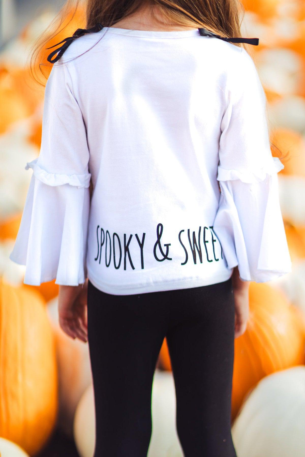 Black & White Ghost Distressed Legging Set - 3XS-6-12 Months - White long-sleeve shirt with ruffled sleeves and black 