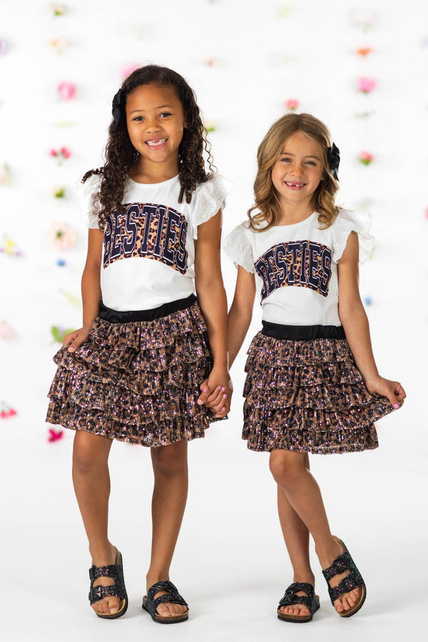 "Besties" Cheetah Sequin Skirt Set | Sparkle in Pink