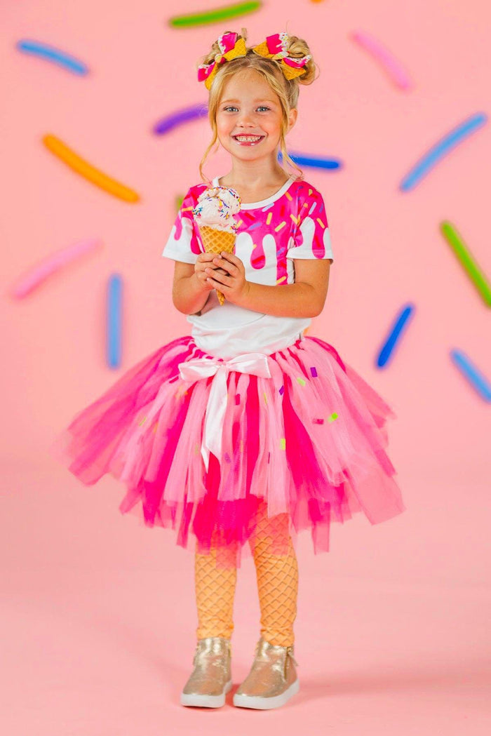 Pink Sprinkle Ice Cream Cone Costume Set - 3XS-6-12 Months - Girl wearing pink sprinkle ice cream cone costume with tutu skirt and white cone top.