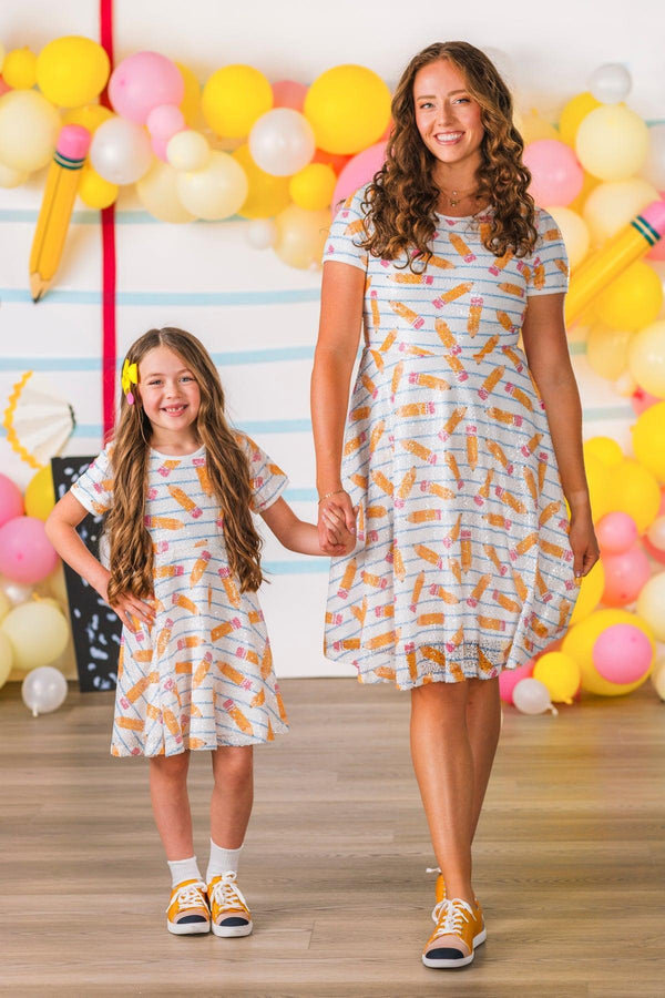 sequin school supply dress Mom & Me