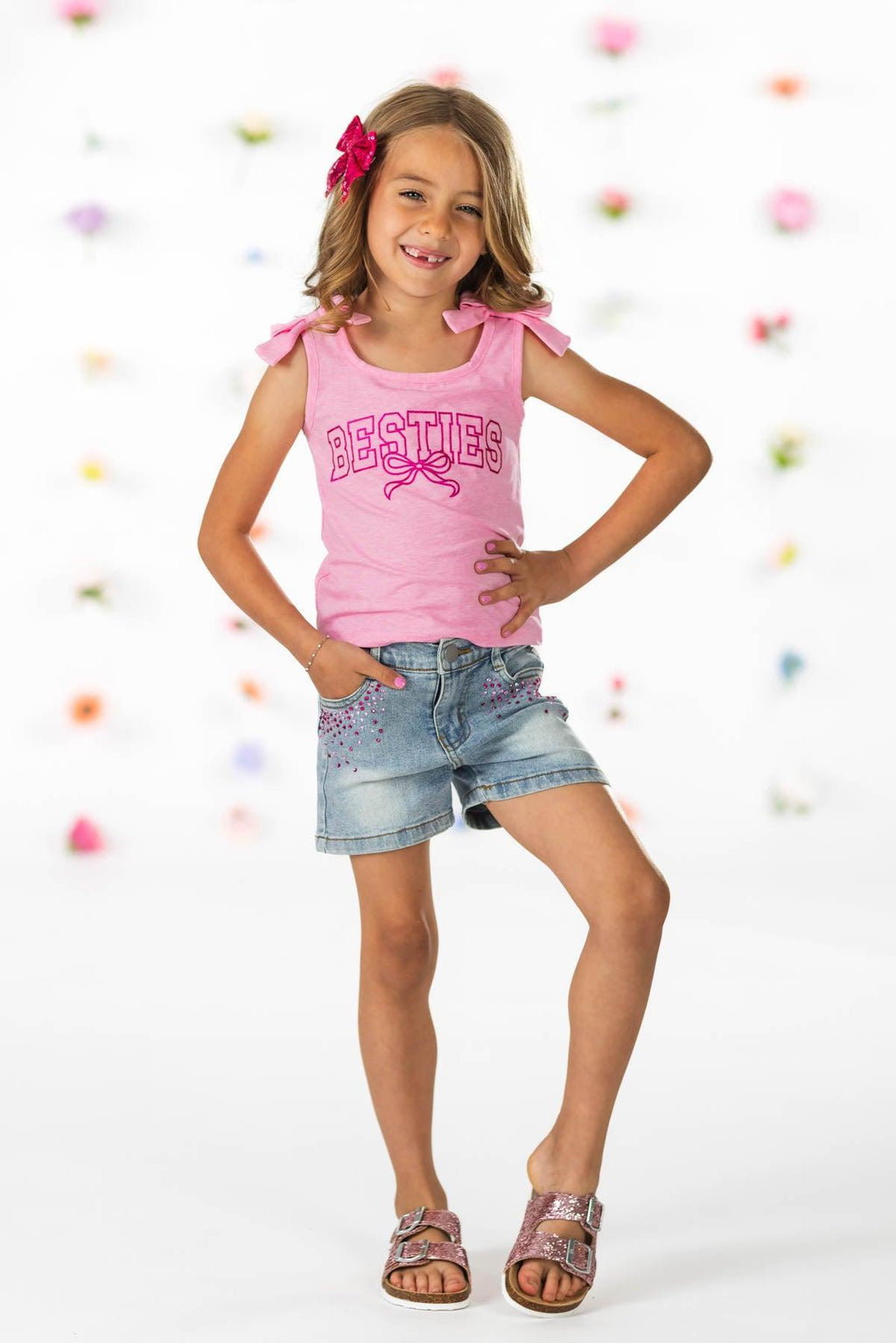 "Besties" Denim Short Set | Sparkle in Pink