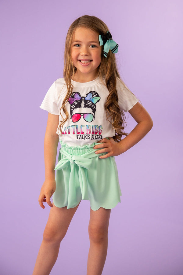 "Little Miss Talks A Lot" Mint Scalloped Short Set | Sparkle in Pink