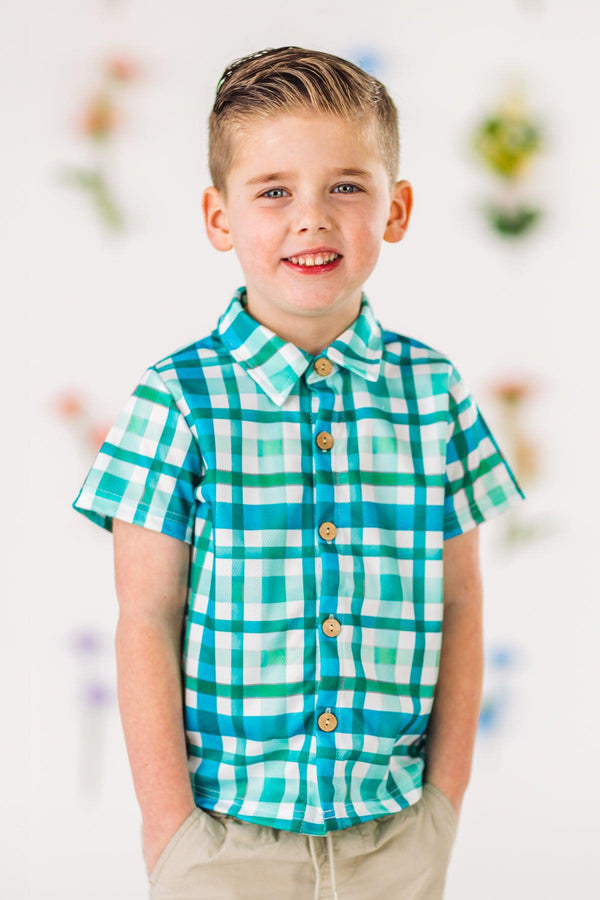 Green Gingham Button Down Top | Sparkle in Pink