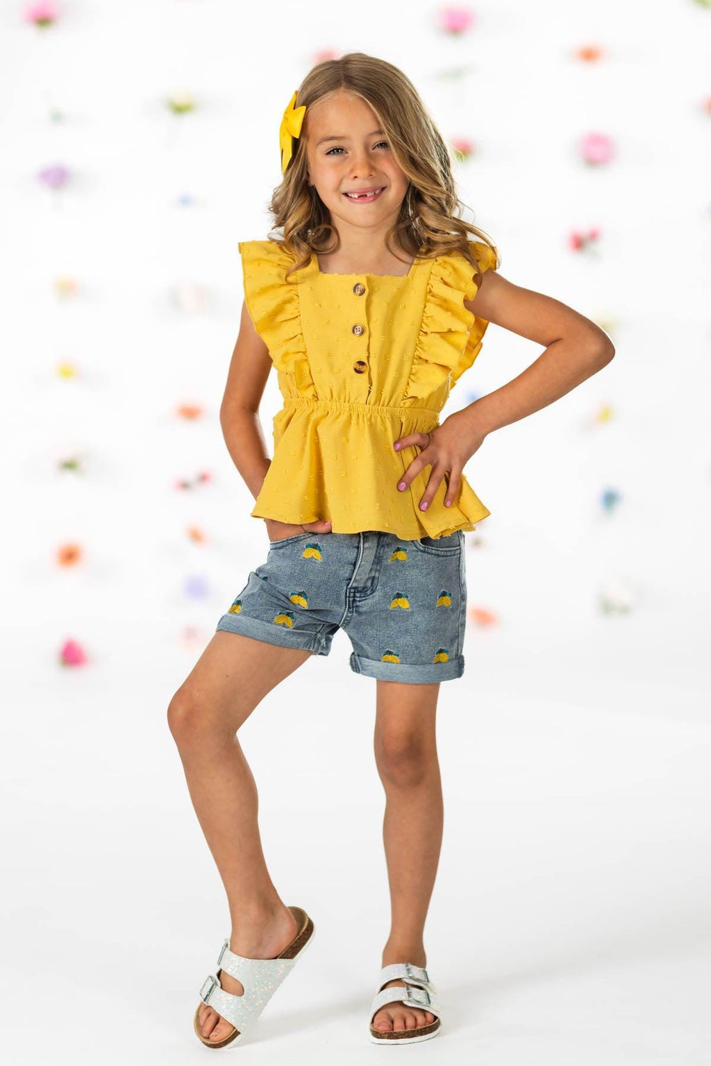 Yellow Lemon Denim Short Set | Sparkle in Pink