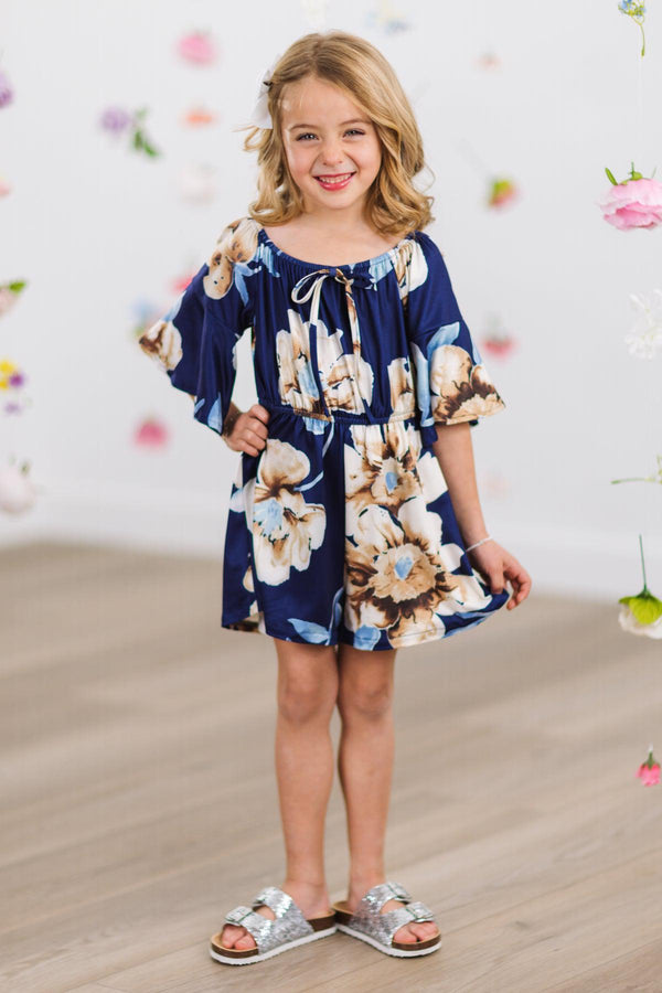 Navy Floral Bell Sleeve Romper | Sparkle in Pink