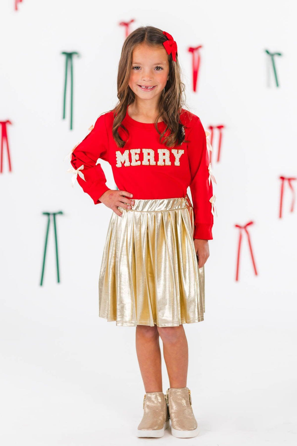 "Merry" Pearl Bow Metallic Skirt Set