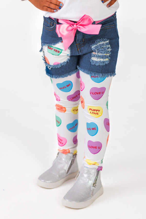 "Love" Candy Heart Legging & Denim Short Set