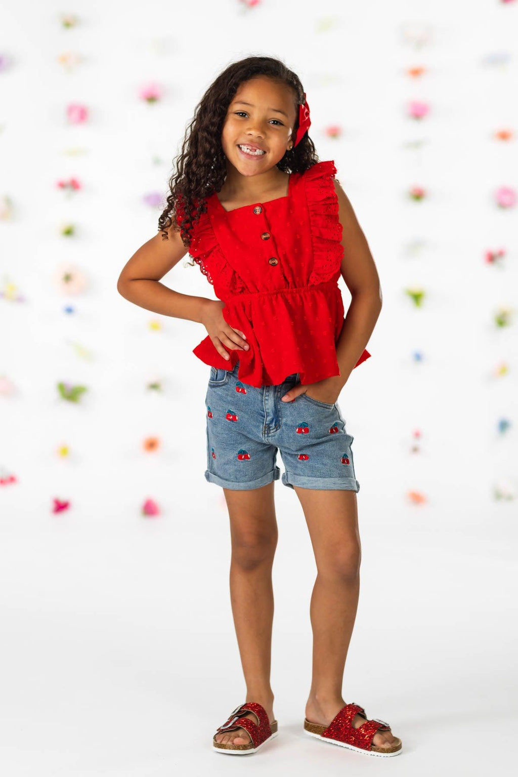 Red Cherry Denim Short Set | Sparkle in Pink