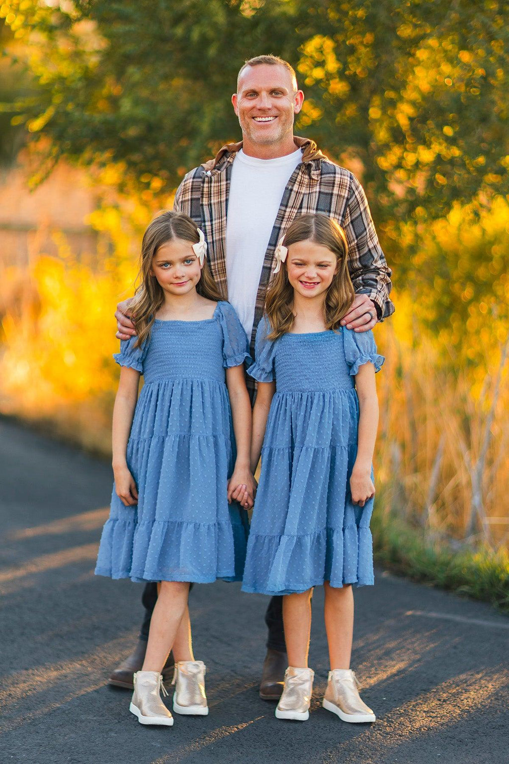 Family Blue Dress & Brown Flannel Hoodie