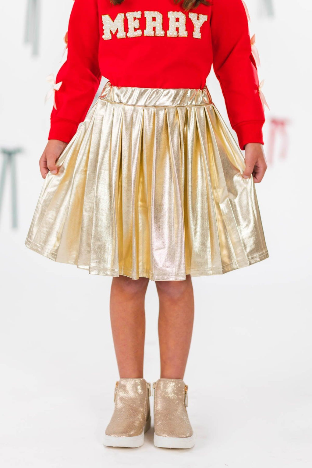 "Merry" Pearl Bow Metallic Skirt Set