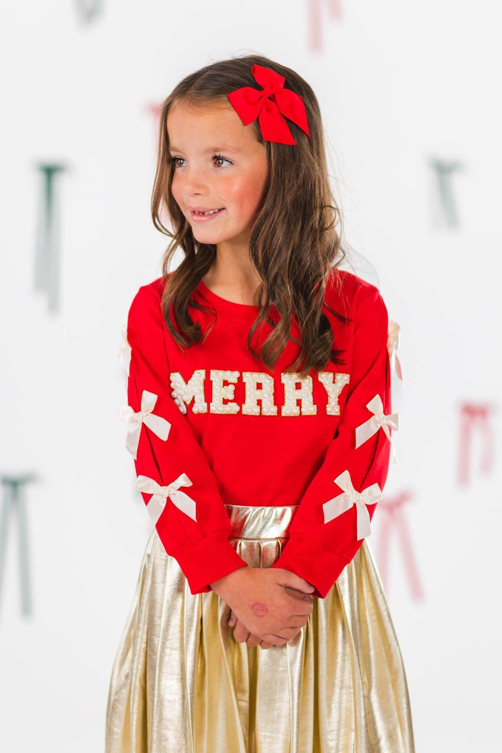 "Merry" Pearl Bow Metallic Skirt Set