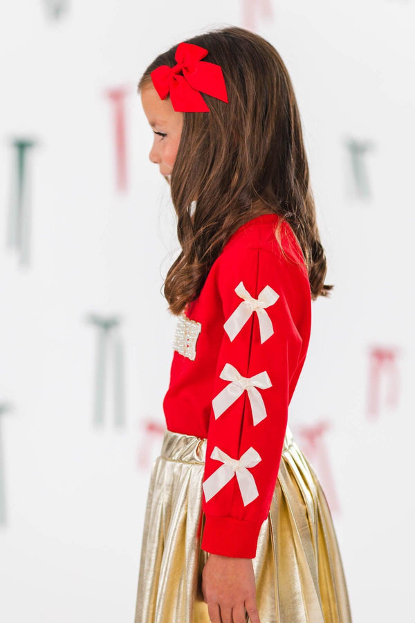 "Merry" Pearl Bow Metallic Skirt Set