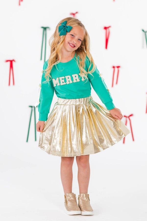 "Merry" Pearl Bow Metallic Skirt Set