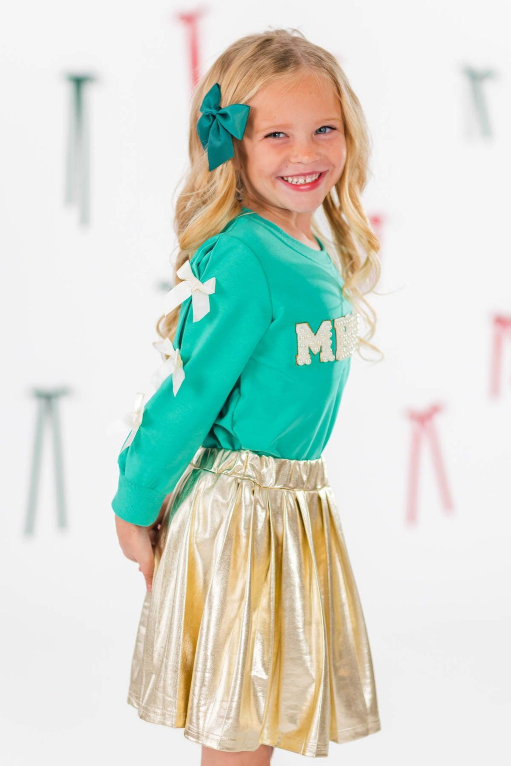 "Merry" Pearl Bow Metallic Skirt Set