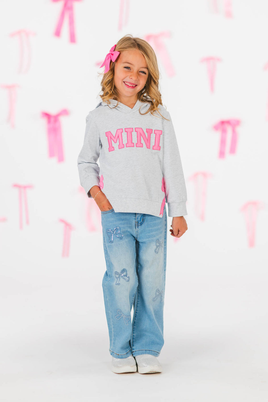 Mom & Me - "Mama & Mini" Gray & Pink Bow Hoodie