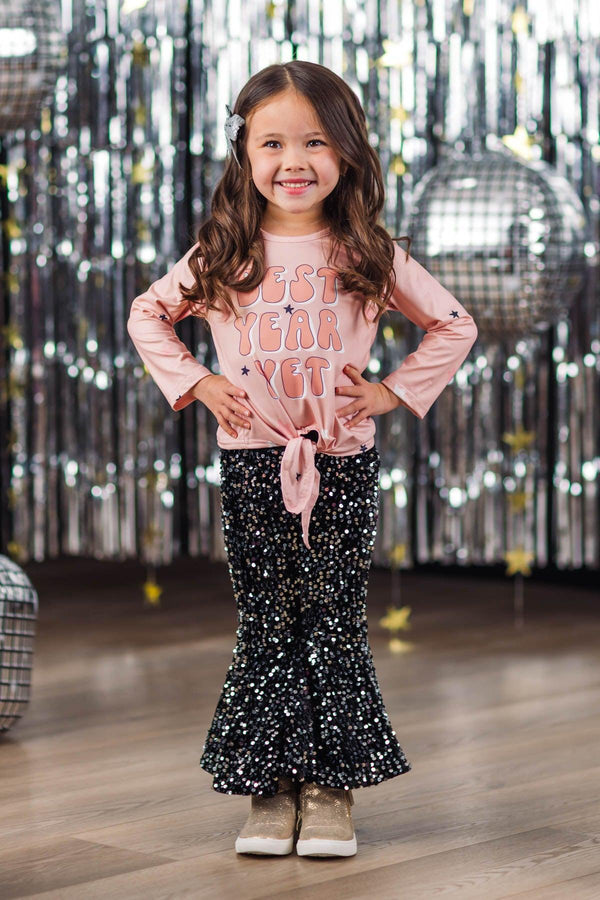 "Best Year Yet" Pink & Black Sequin Bell Bottom Set