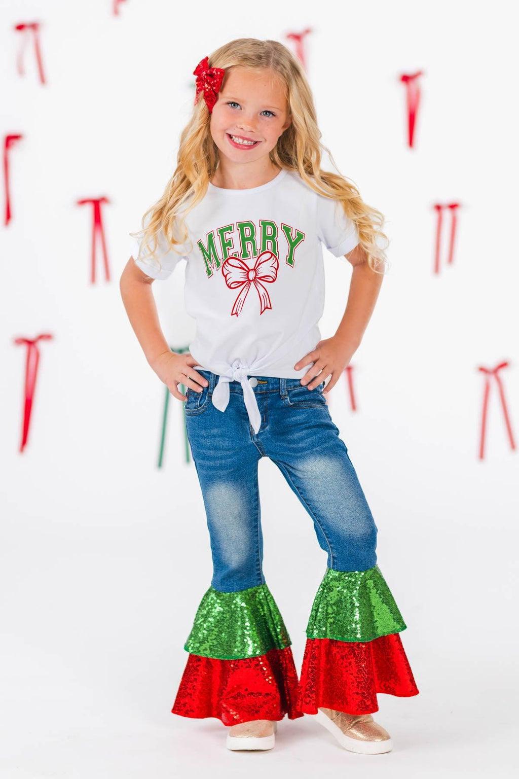 Red & Green Sequin Denim Bell Bottoms