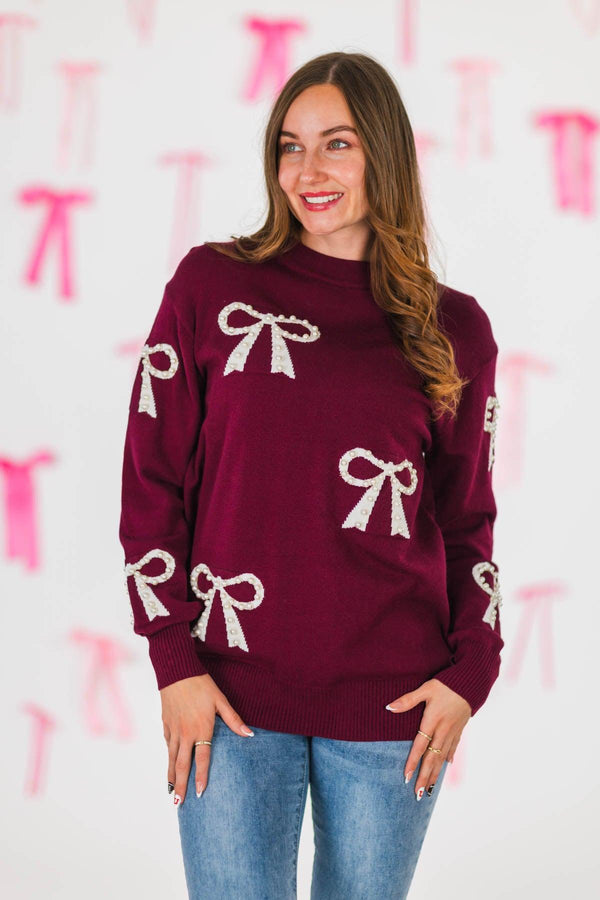 Mom & Me - Burgundy Pearl Bow Sweater