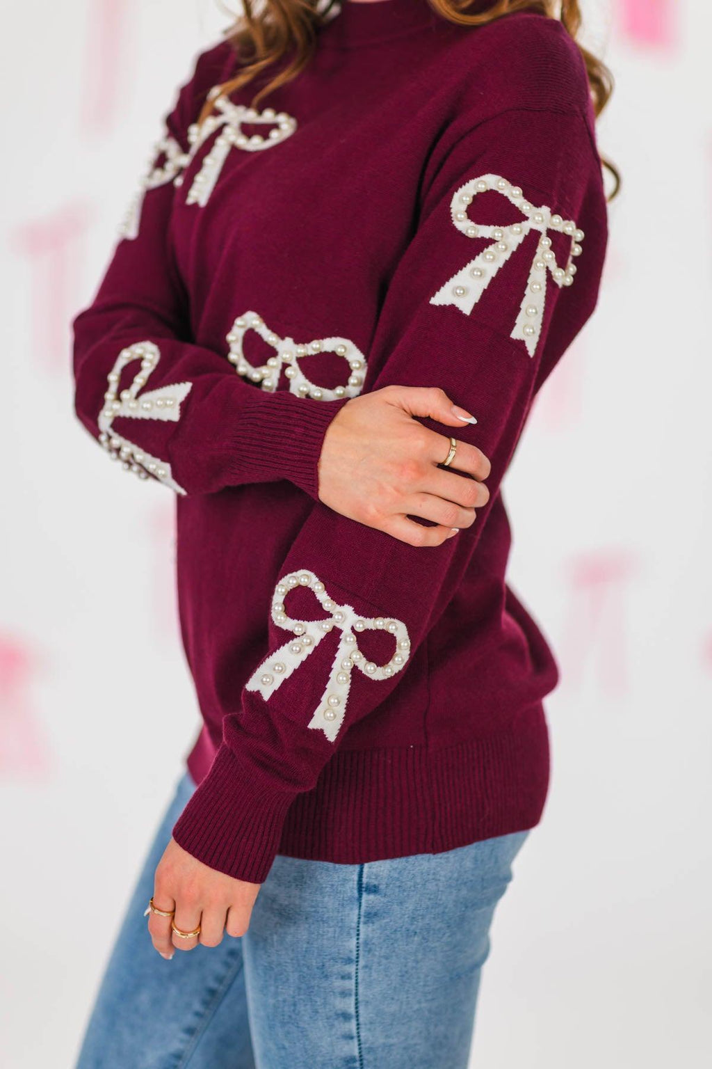 Mom & Me - Burgundy Pearl Bow Sweater