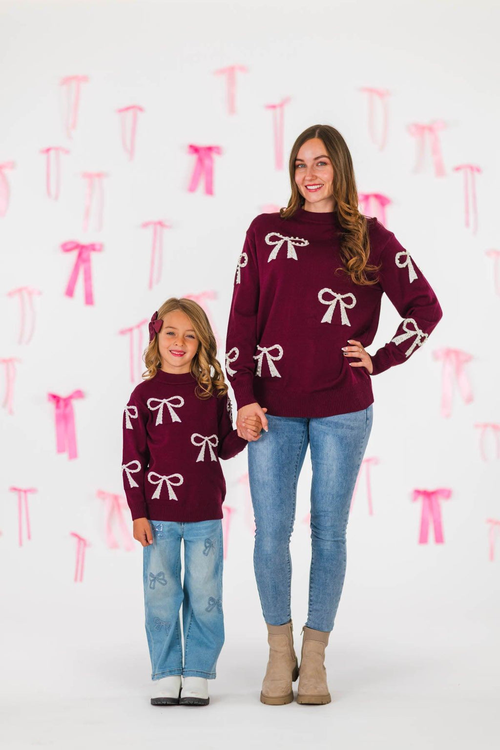 Mom & Me - Burgundy Pearl Bow Sweater