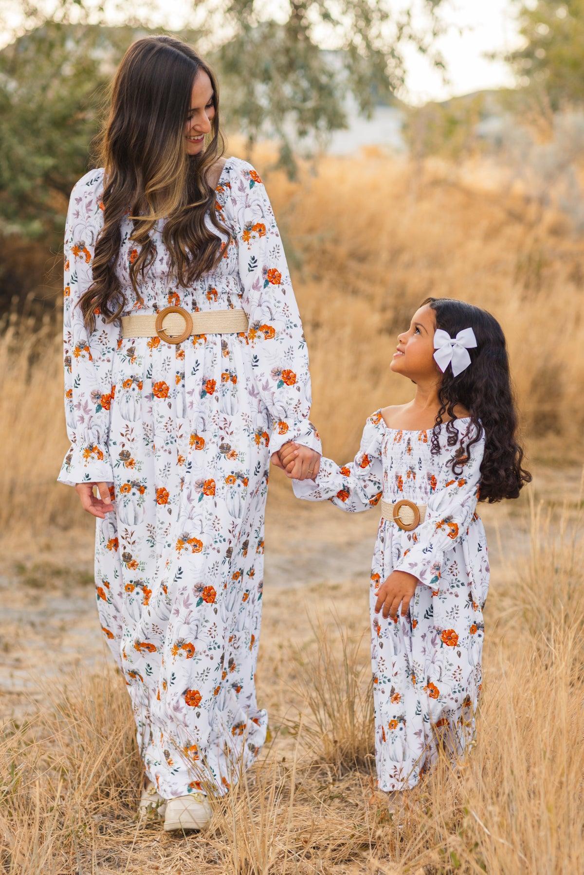 Mom & Me - White Pumpkin Floral Dress | Sparkle in Pink