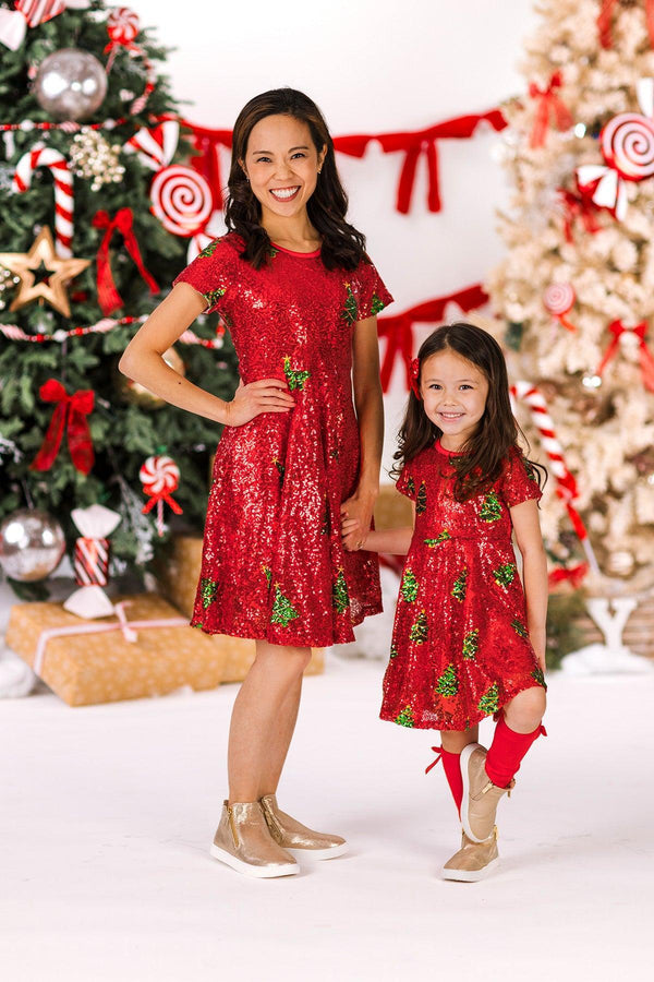 Mom & Me - Red Sequin Christmas Tree Dress