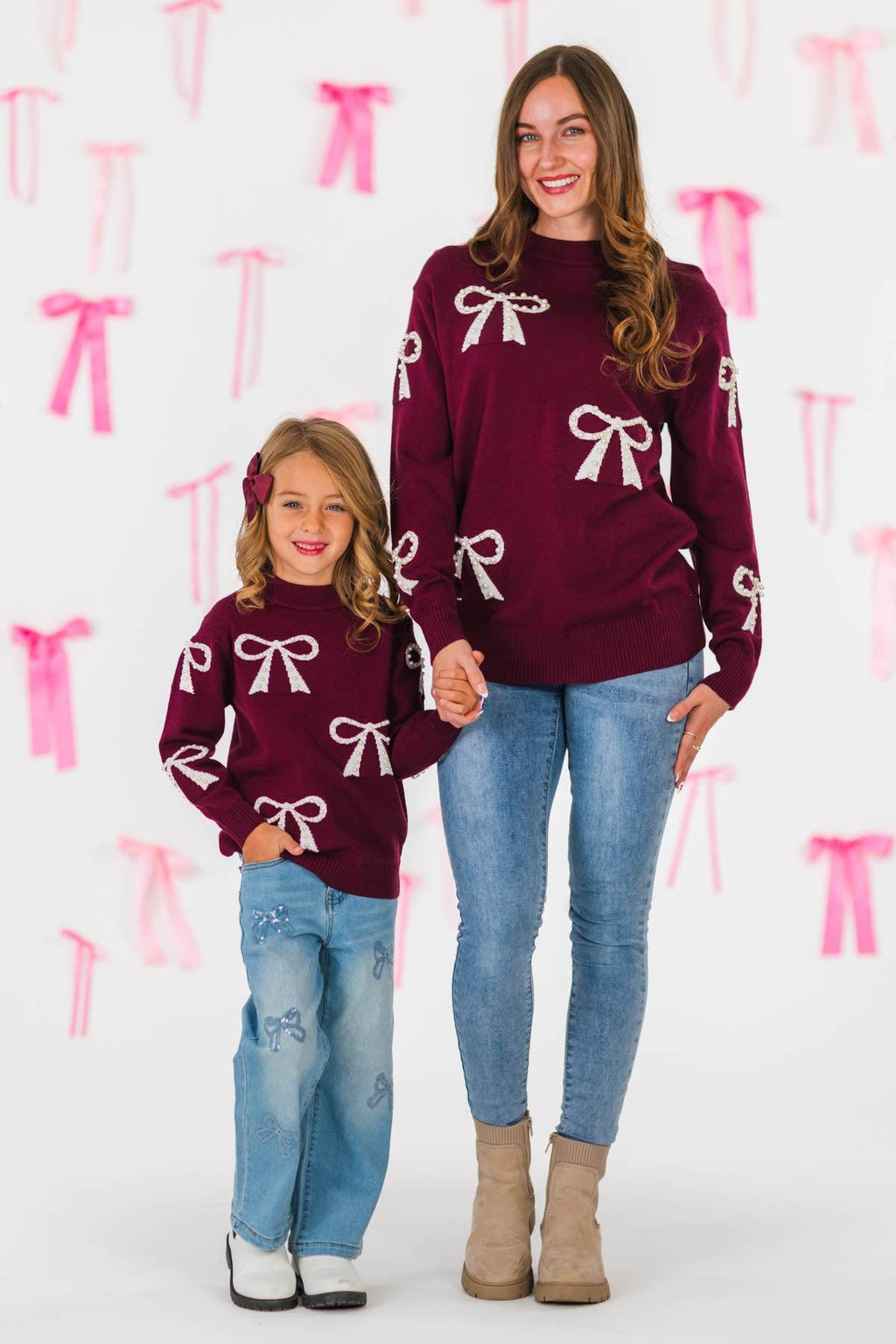 Mom & Me - Burgundy Pearl Bow Sweater
