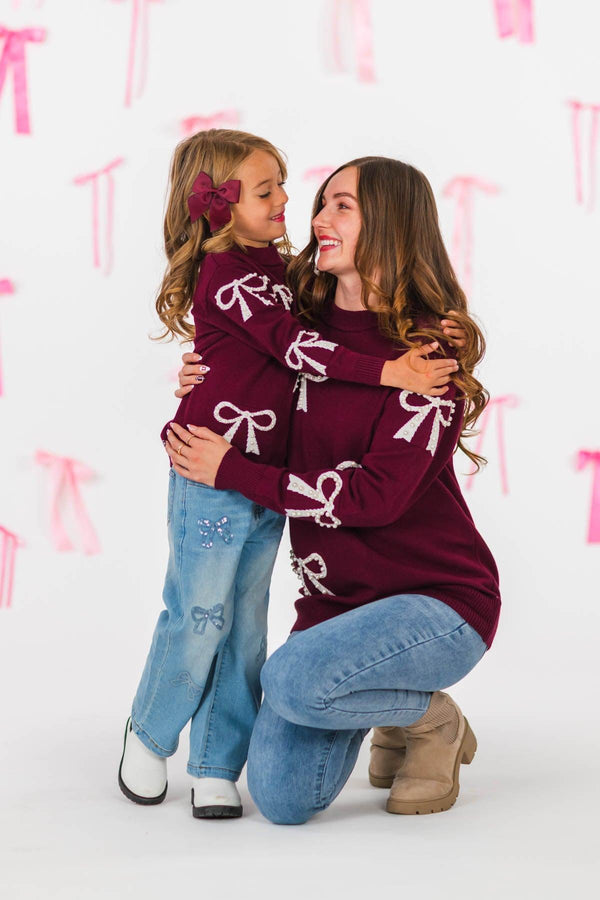 Mom & Me - Burgundy Pearl Bow Sweater