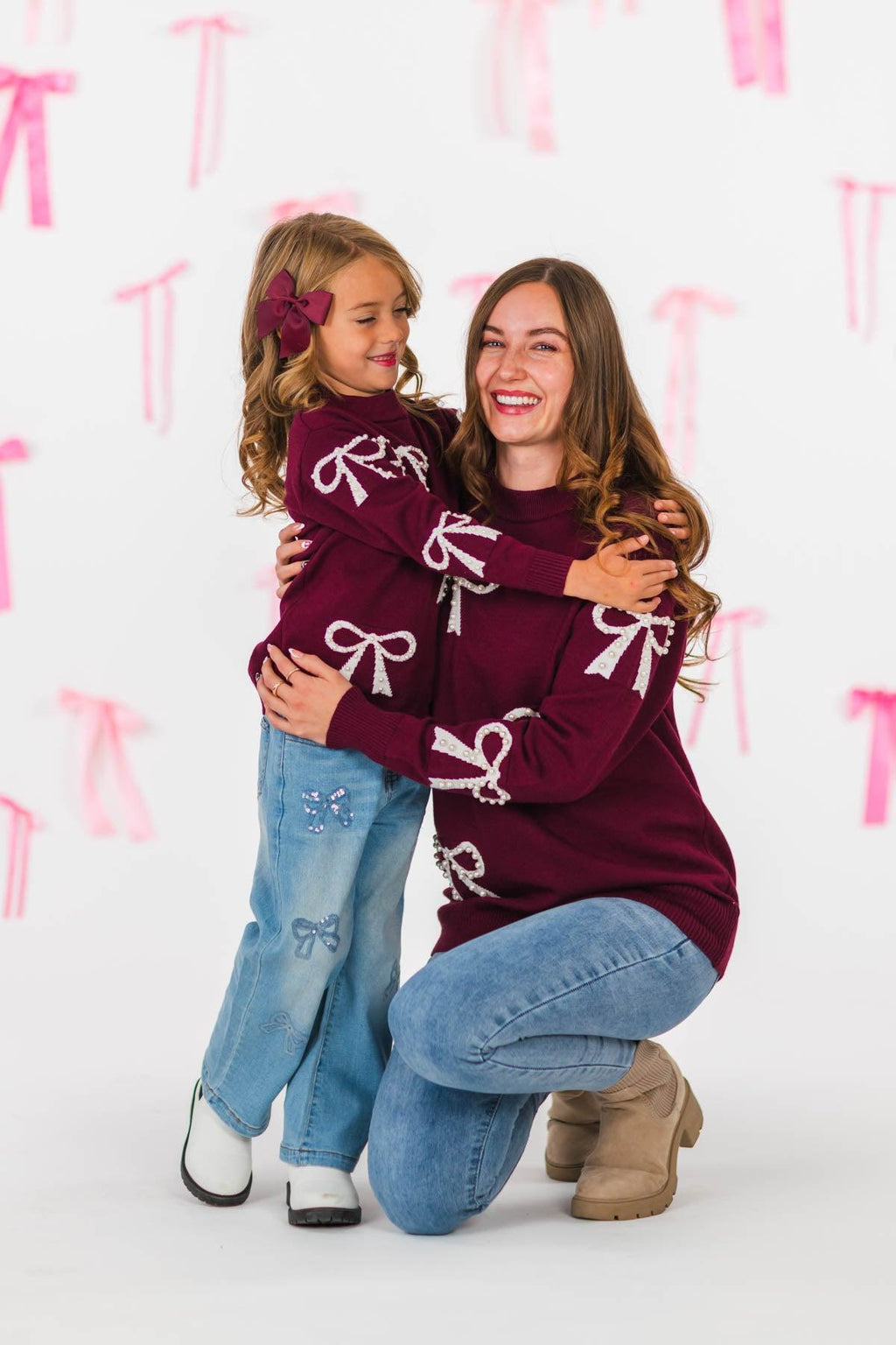 Mom & Me - Burgundy Pearl Bow Sweater